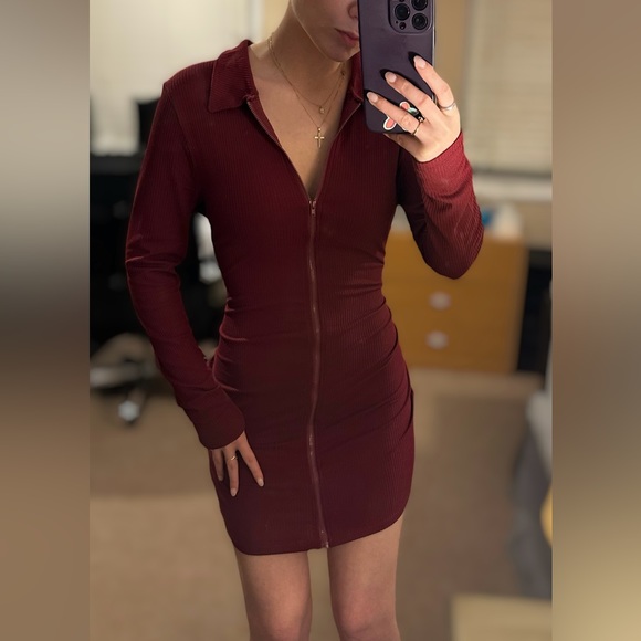 Birch & Stone Front Zip Wine Bodycon Dress - Picture 4 of 8